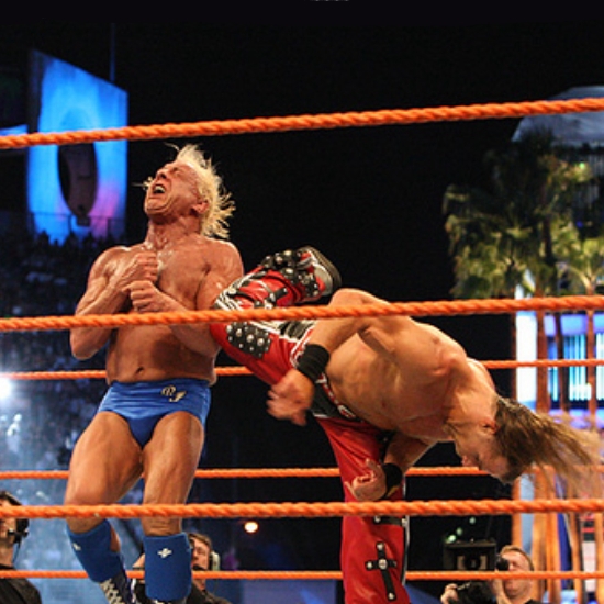 Shawn Michaels superkicks Ric Flair to retirement