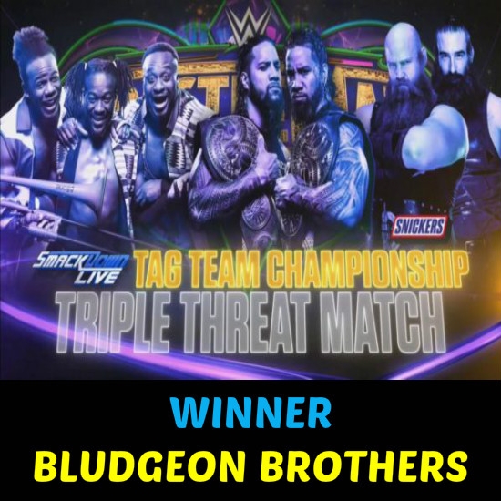 SmackDown Tag Team Championship: The Usos (c) vs. The New Day vs. The Bludgeon Brothers