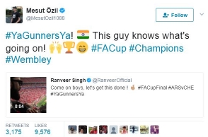 Arsenal star Özil tweets Ranveer Singh's post from FA Cup final