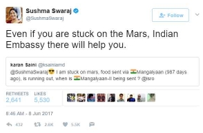 Even if you’re stuck on Mars, Embassy will help you: Swaraj