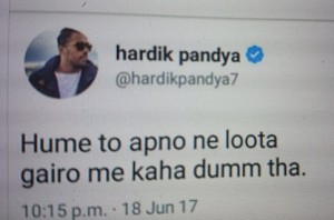 Pandya posts controversial tweet, deletes it later