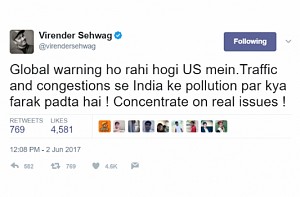 Sehwag tweets global warning not a real issue