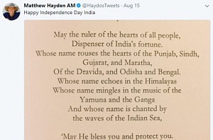Hayden posts English translation of Indian national anthem