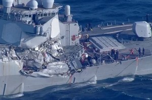 US Navy destroyer collides with merchant vessel