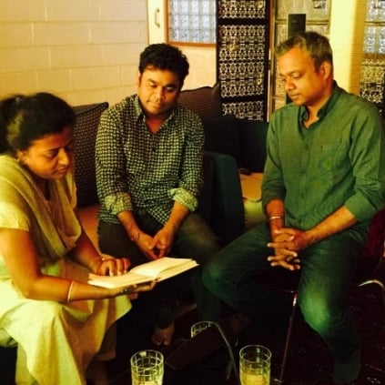 Director Gautham Menon, composer A R Rahman and lyricist Thamarai in discussion for the Simbu starrer Acham Enbathu Madamaiyada