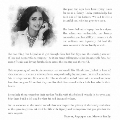 An official statement from Kapoor, Ayyappan and Marwah family