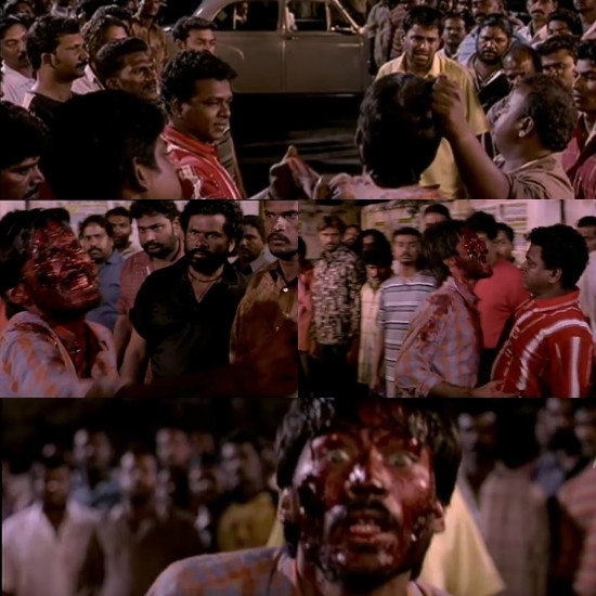 Pudhupettai - rowdies thrashing Dhanush scene