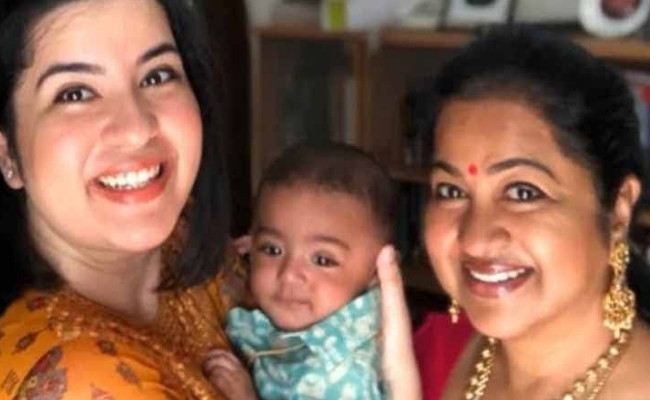 நடிகை ராதிகாவின் பேரனின் குறும்பு வீடியோ வைரல் | Actress Radhika's Daughter Rayane Mithun shares her kids Cute video and goes viral