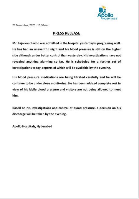 Apollo hospital’s latest press release about Superstar Rajinikanth's current Health condition