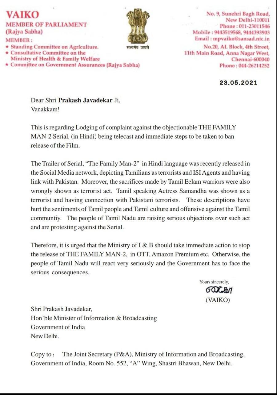 Vaiko writes letter to Javadekar calling for ban on family man
