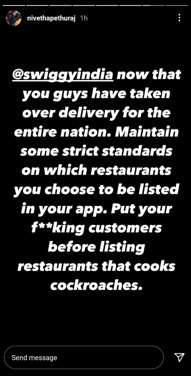 Nivetha Pethuraj lashed out at this restaurant as she found cockroach twice in her food