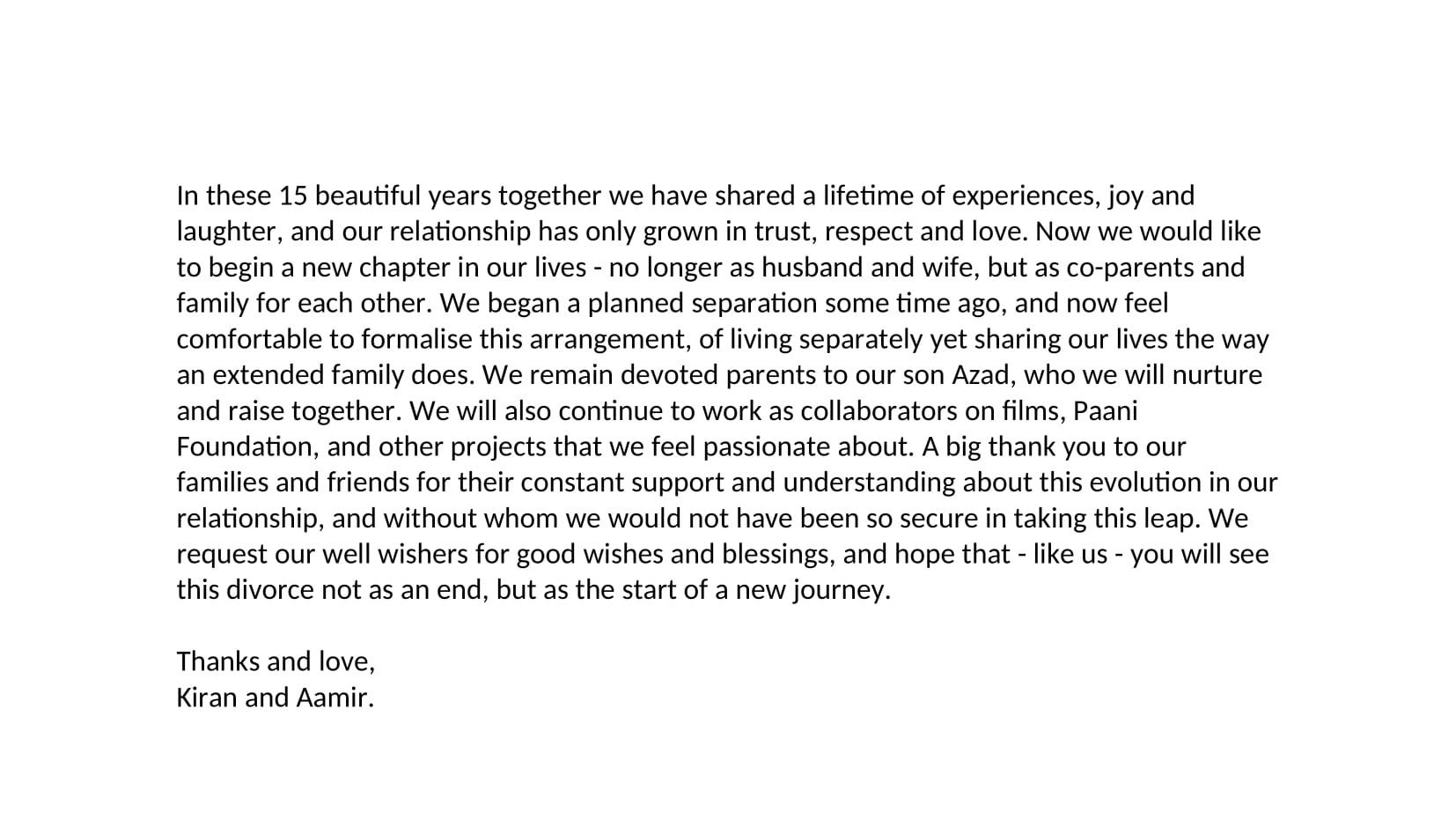 Fans in shock as Aamir Khan announces divorce with wife - what happened