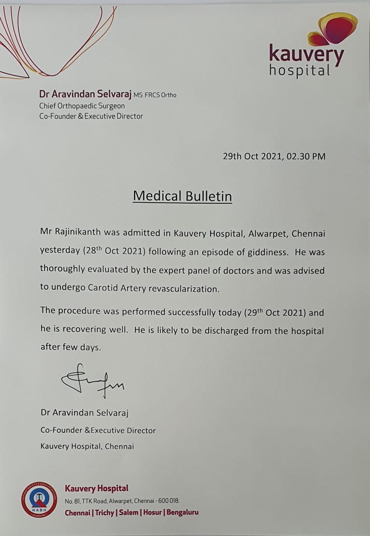 Rajinikanth hospitalized Official Statement from hospital
