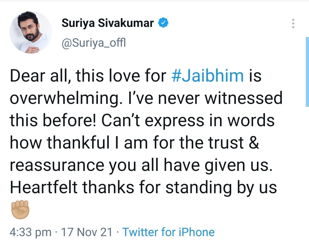this love for #Jaibhim is overwhelming - says suriya