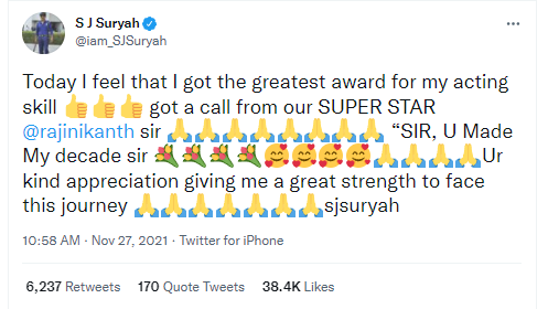 Superstar Rajinikanth appreciates Maanaadu movie SJ Suriyah