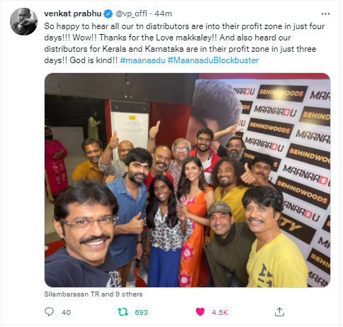 Venkat Prabhu Shares Tweet about Maanaadu Profit