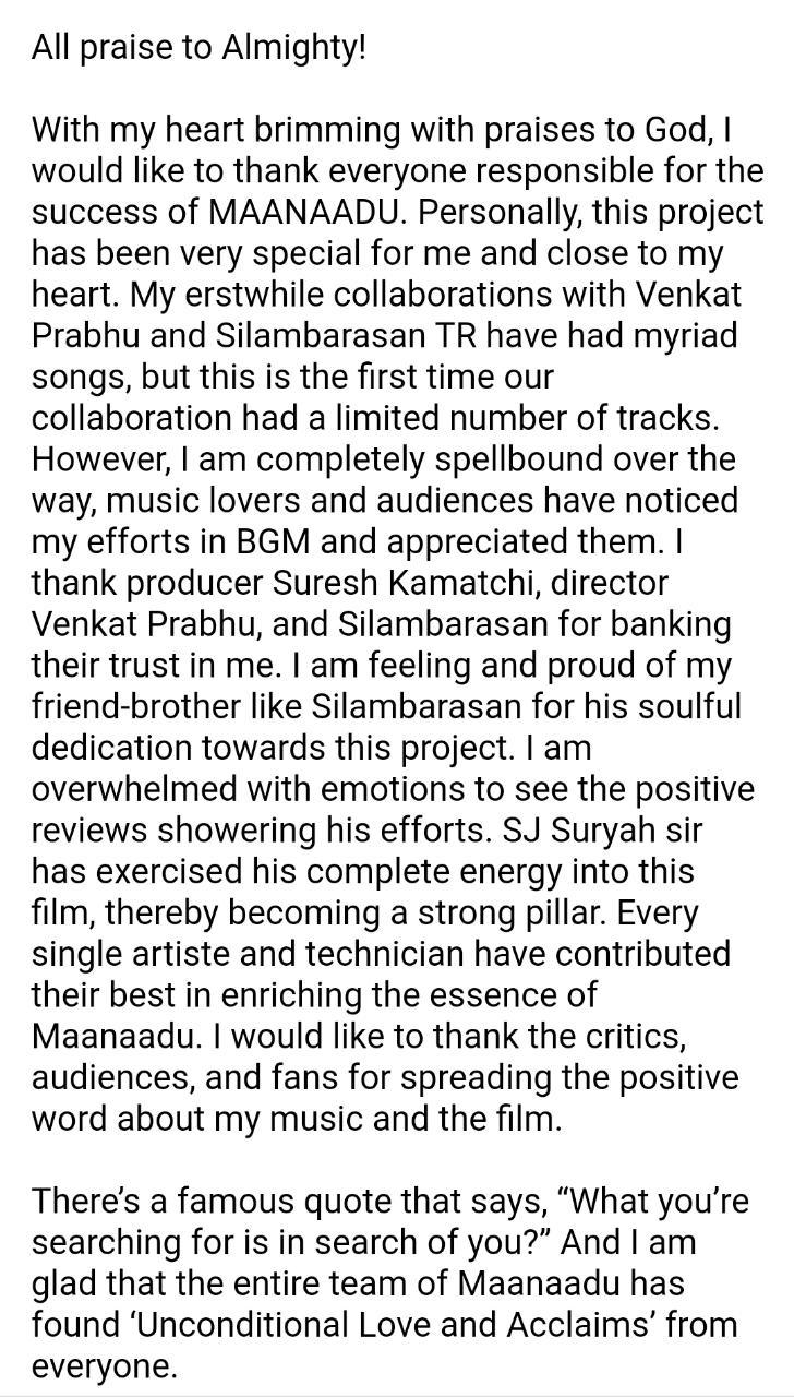 Yuvan Shankar raja thanks to fans for Maanaadu Success