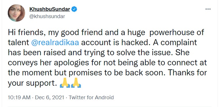 actress radhika sarathkumar twitter account hacked khushbu tweet