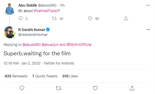 Actor Sarathkumar Appreciates AK Valimai Movie Trailer