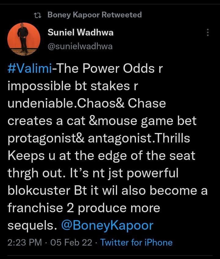 Valimai Movie Sequel Boney Kapoor Retweet went viral