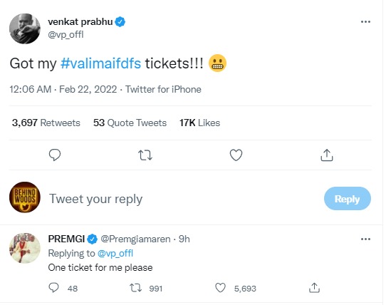 Director Venkat Prabhu gets Ajith Valimai Movie FDFS Tickets