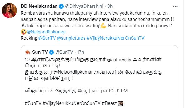Anchor dd tweets about vijayyudan nerukku ner show
