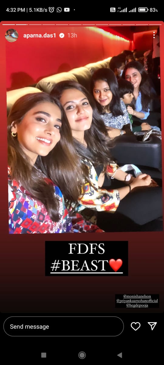 Pooja Hegde Priyanka Mohan Aparna Das watched beast FDFS