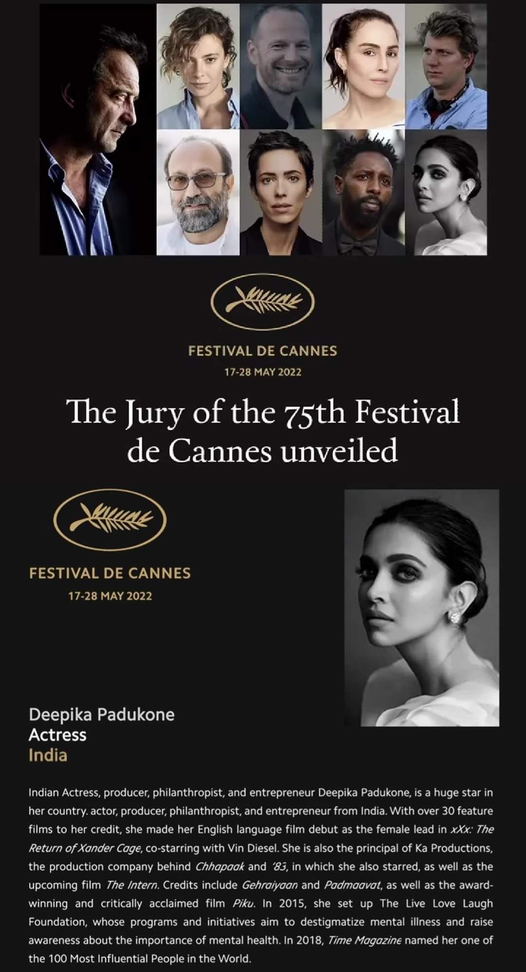 Deepika Padukone will be part of the main jury at the Cannes Film Festival
