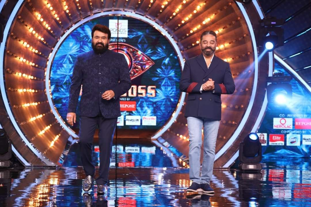 Kamal Haasan Meets Mohan Lal at Malayalam BIGGBOSS Show