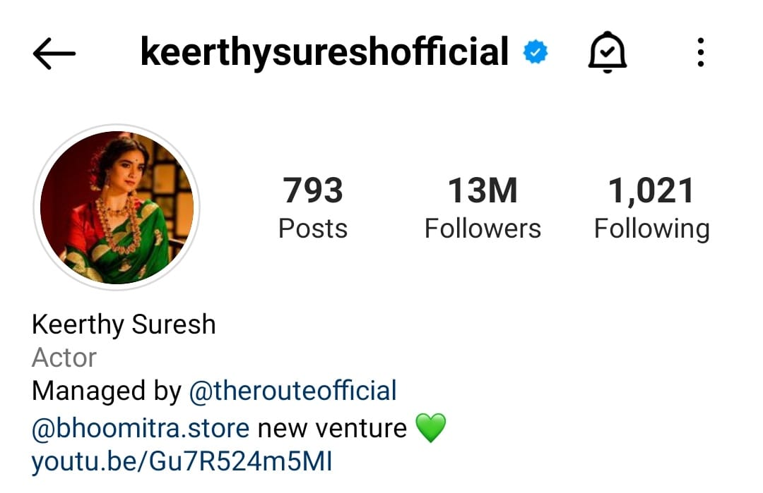 Actress Keerthy suresh get 13 million Instgram followers