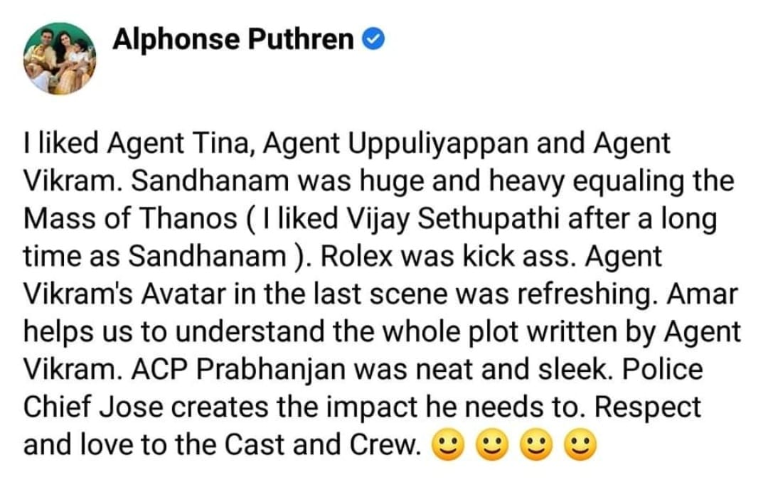 Alphonse Puthren Appreciated Kamal Haasan Vikram Movie