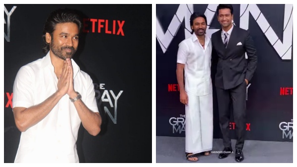 Dhanush in veshti The Gray Man Mumbai premiere trending