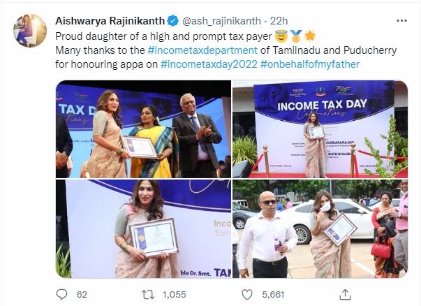 high and prompt income tax payer rajini aishwarya tweet