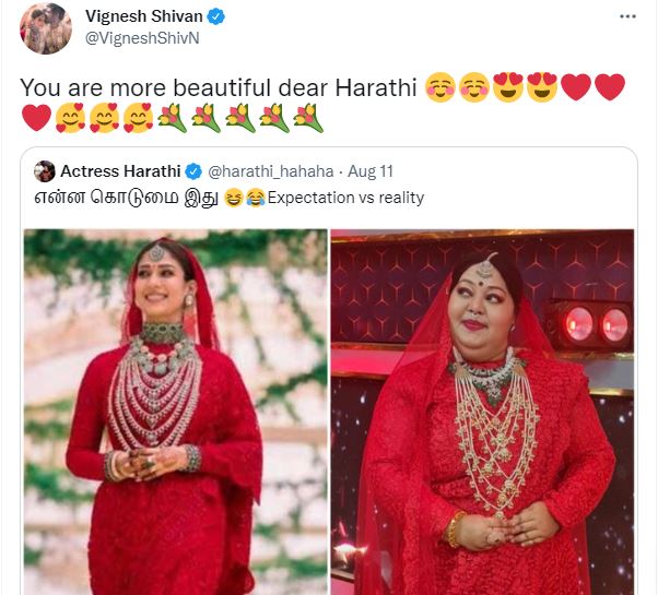 harathi imitates nayanthara wedding look vignesh shivan reacts