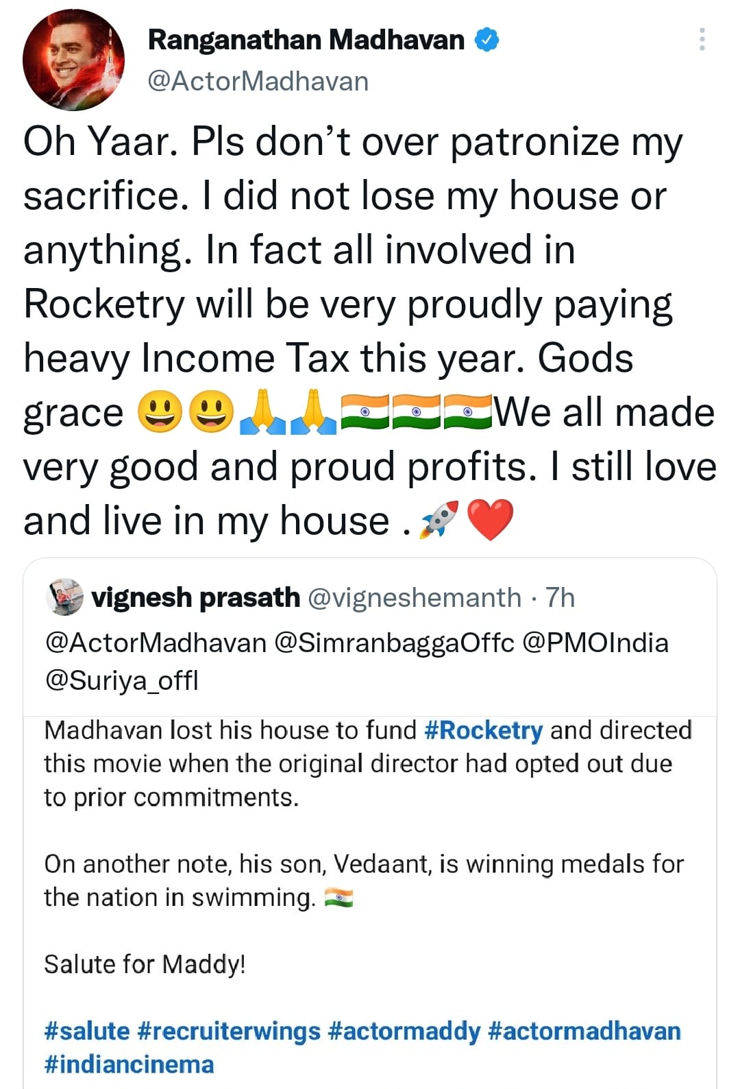 Madhavan Tweet about Rocketry The Nambi Effect Profit