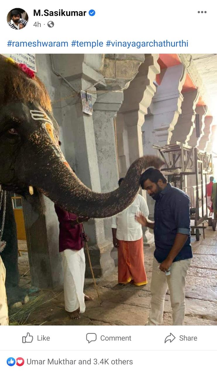 Actor Sasikumar with Rameshwaram Temple Elephant Rama Lakshmi