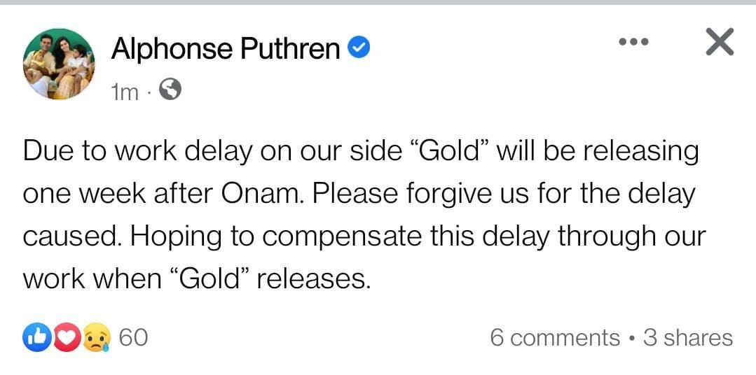 Gold will be releasing one week after Onam Alphonse Puthren