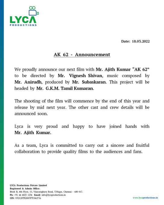 AK62 Movie Director Vignesh Shivan Birthday Tweet from Lyca