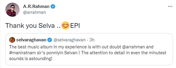 Selvaraghavan tweets about ponniyin selvan album ar rahman reacts