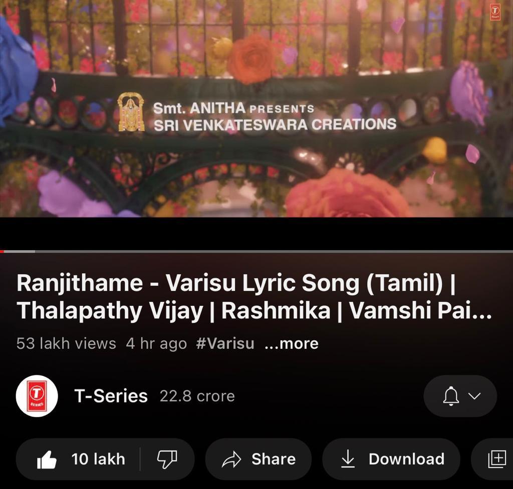 Vijay Varisu first single Ranjithame 1 M likes in same day