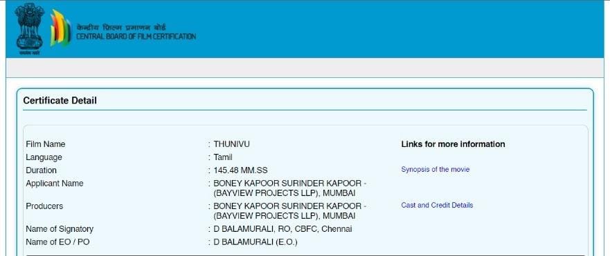 Ajith Kumar Thunivu Censored Running Time Details CBFC