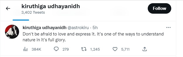 Film director Kiruthiga Udhayanidhi Stalin tweet about Love 
