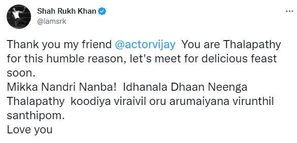 Shah rukh khan thanks vijay for pathaan trailer release