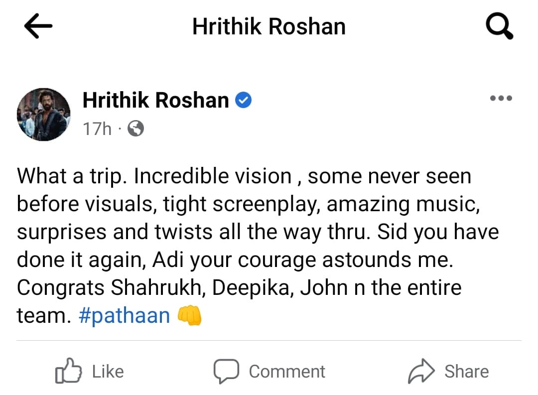 Hrithik Roshan post about Pathaan Movie Shahrukh Khan