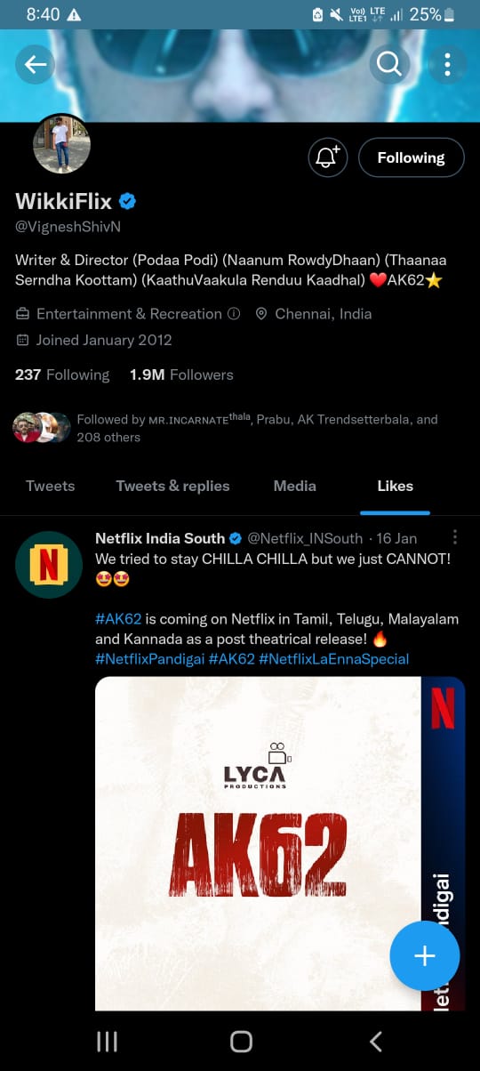 Ajithkumar AK62 Vignesh Shivan Liked Netflix Tweet