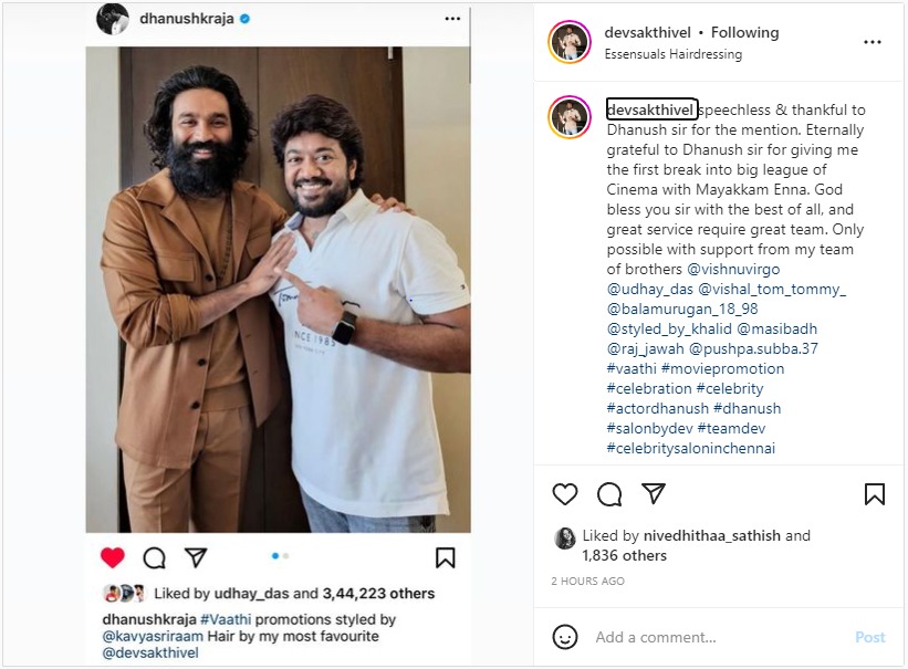 Dhanush instgram post about his hair stylist Dev Sakthivel