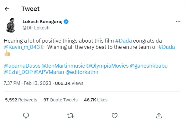 Lokesh Kanagaraj tweet about Dada Movie and Kavin