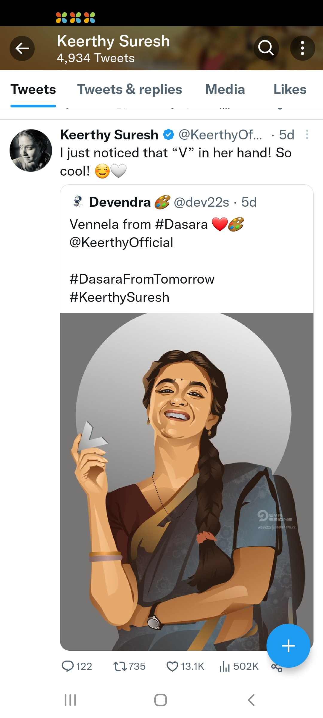 fan painted Keerthi Suresh with the Letter V in her hand 
