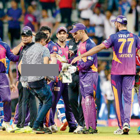 During a match between RPS and MI at the Whankade, a fan breached into the field