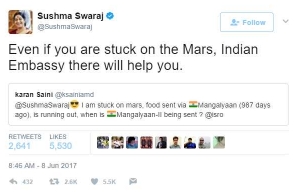 Even if you’re stuck on Mars, Embassy will help you: Swaraj